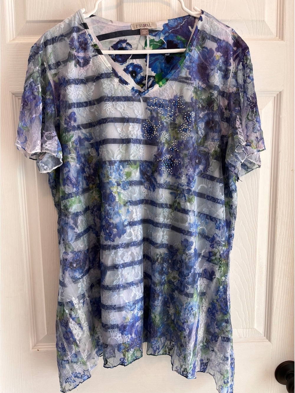 Roz & Ali Floral Lace Overlay Striped Blouse with Rhinestones 1X